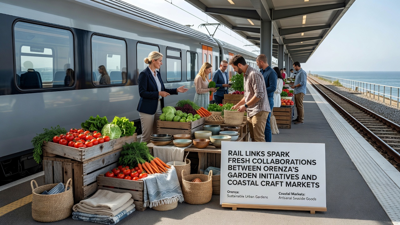 Artisans unloading garden-sourced materials at a coastal market stall connected by the new rail line